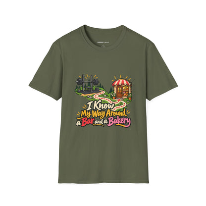 Graphic fitness T-shirt featuring the "I Know My Way Around a Bar and a Bakery" design.