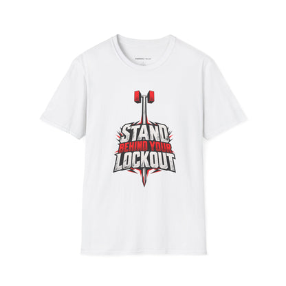 Graphic fitness T-shirt featuring the "Stand Behind Your Lockout" design.