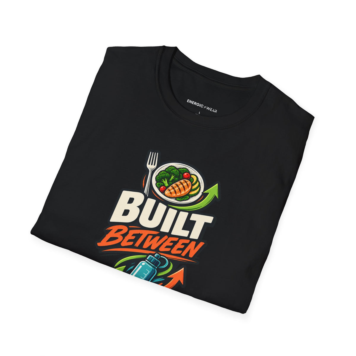 Graphic fitness T-shirt featuring the "Built Between Meals" design.