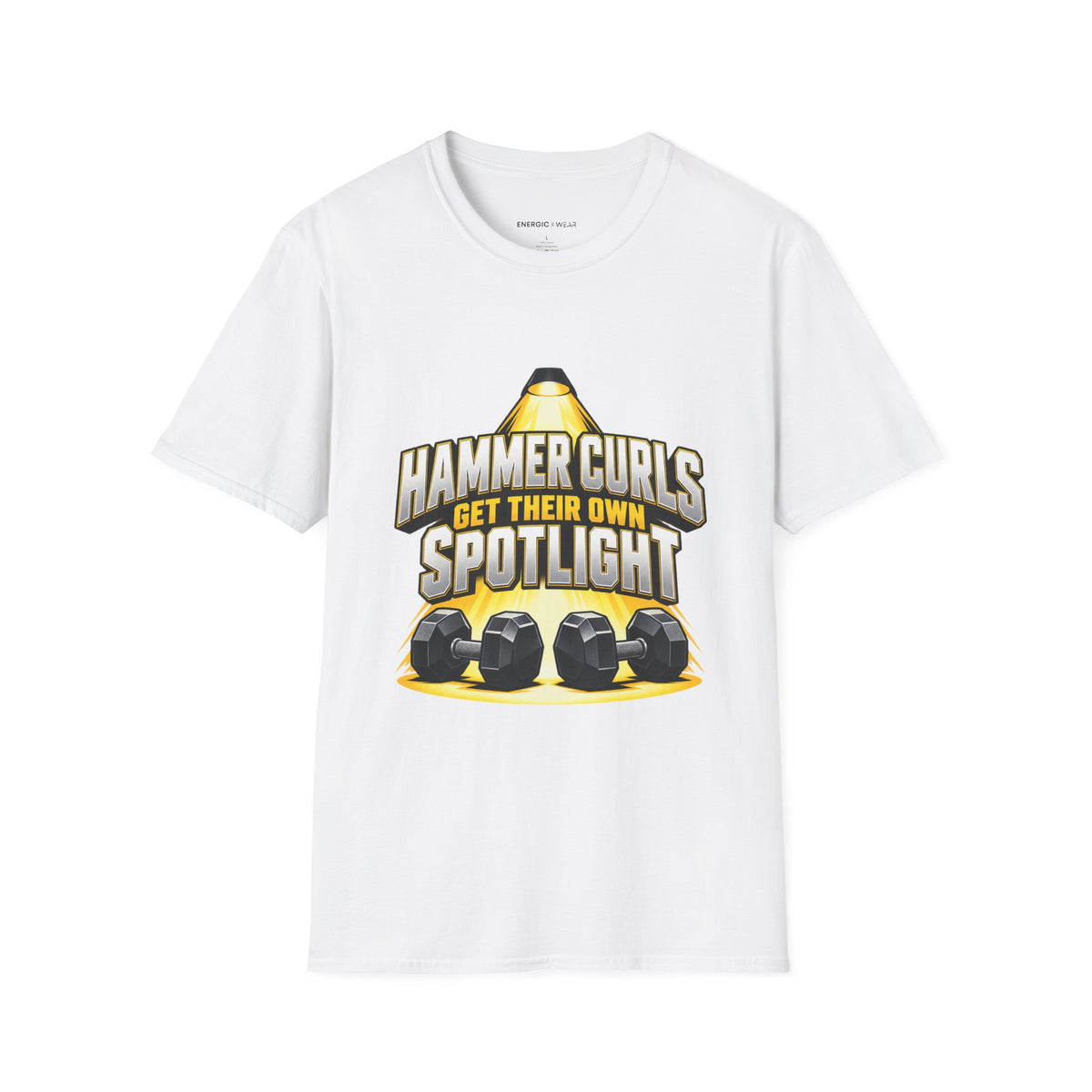 Graphic fitness T-shirt featuring the "Hammer Curls Get Their Own Spotlight" design.