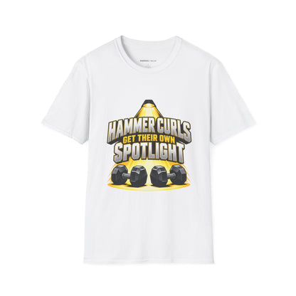 Graphic fitness T-shirt featuring the "Hammer Curls Get Their Own Spotlight" design.