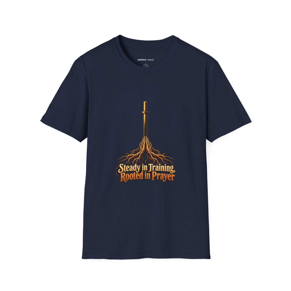 Graphic fitness T-shirt featuring the "Steady in Training, Rooted in Prayer" design.