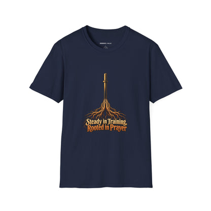 Graphic fitness T-shirt featuring the "Steady in Training, Rooted in Prayer" design.