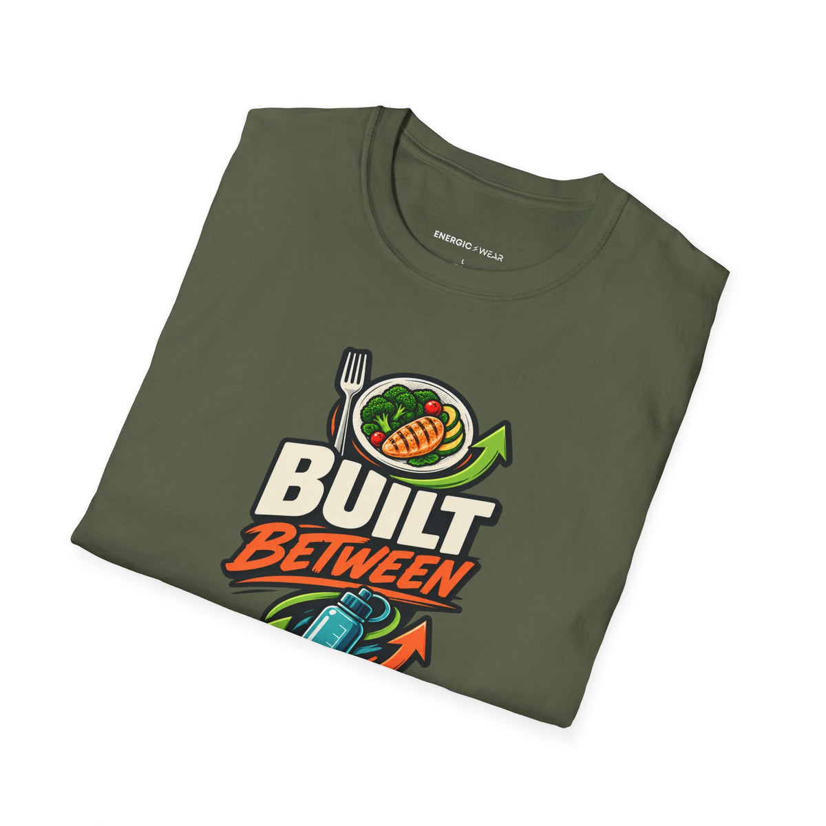 Graphic fitness T-shirt featuring the "Built Between Meals" design.