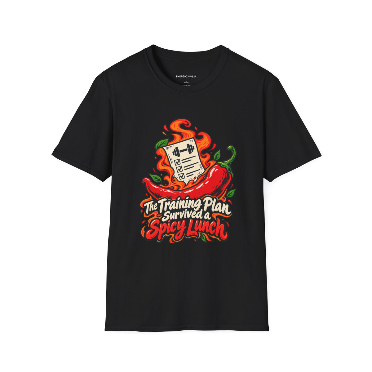 Graphic fitness T-shirt featuring the "The Training Plan Survived a Spicy Lunch" design.