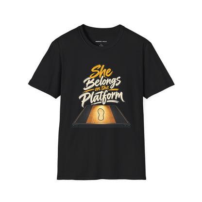 Graphic fitness T-shirt featuring the "She Belongs on the Platform" design.
