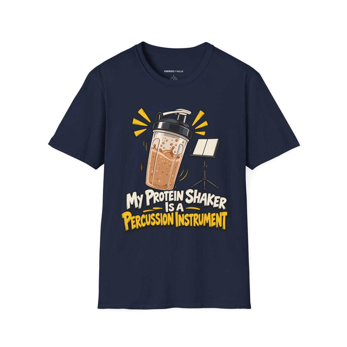 Graphic fitness T-shirt featuring the "My Protein Shaker Is a Percussion Instrument" design.