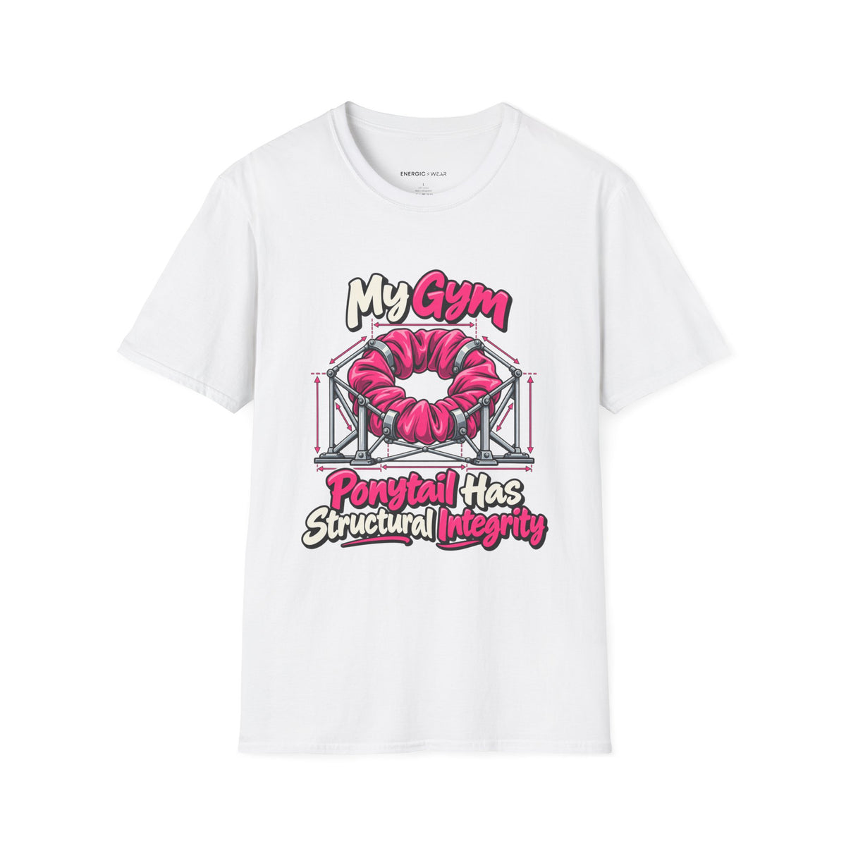 Graphic fitness T-shirt featuring the "My Gym Ponytail Has Structural Integrity" design.