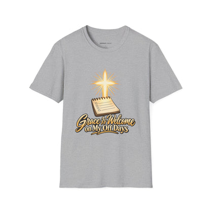 Graphic fitness T-shirt featuring the "Grace Is Welcome on My Off Days" design.