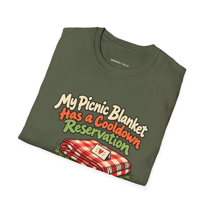 Graphic fitness T-shirt featuring the "My Picnic Blanket Has a Cooldown Reservation" design.