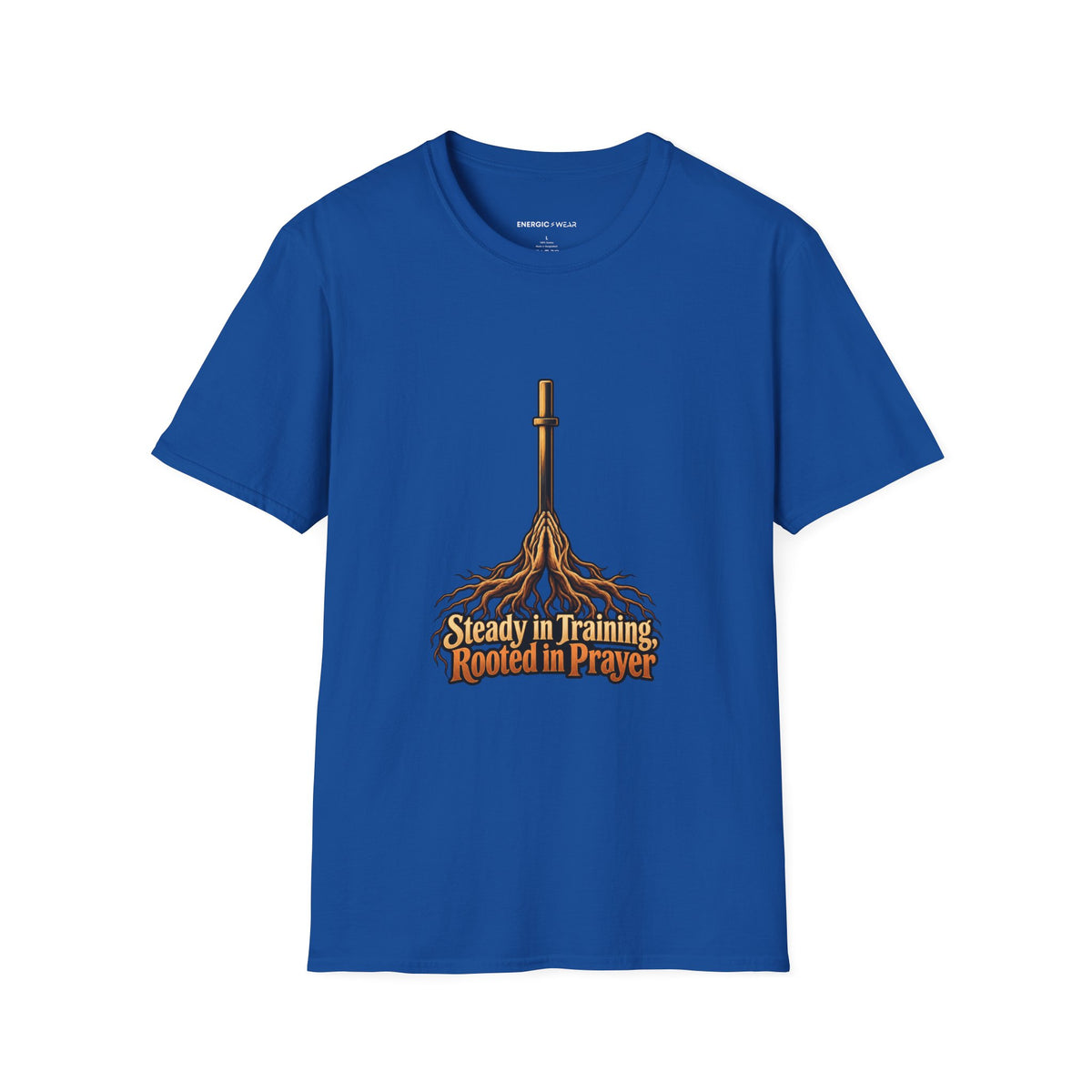 Graphic fitness T-shirt featuring the "Steady in Training, Rooted in Prayer" design.
