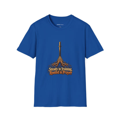 Graphic fitness T-shirt featuring the "Steady in Training, Rooted in Prayer" design.