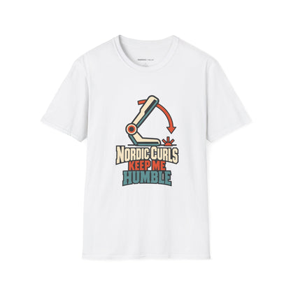 Graphic fitness T-shirt featuring the "Nordic Curls Keep Me Humble" design.