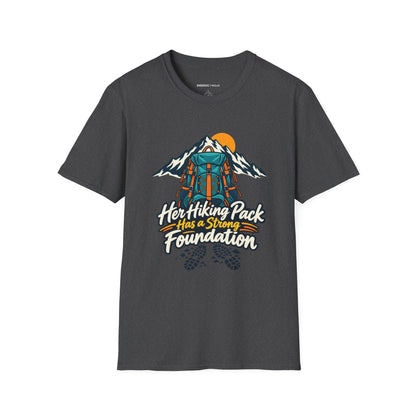 Graphic fitness T-shirt featuring the "Her Hiking Pack Has a Strong Foundation" design.