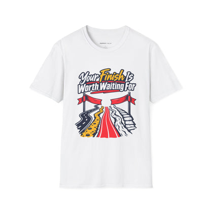 Graphic fitness T-shirt featuring the "Your Finish Is Worth Waiting For" design.