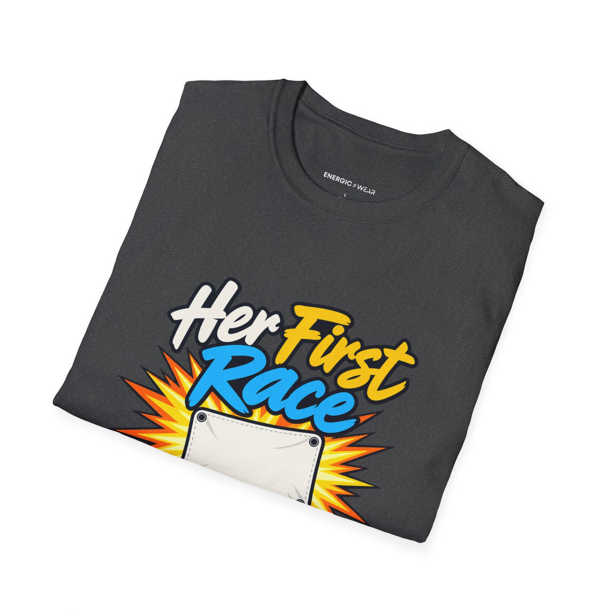 Graphic fitness T-shirt featuring the "Her First Race Deserves Full Volume" design.