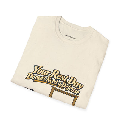 Graphic fitness T-shirt featuring the "Your Rest Day Doesn't Need a Defense" design.