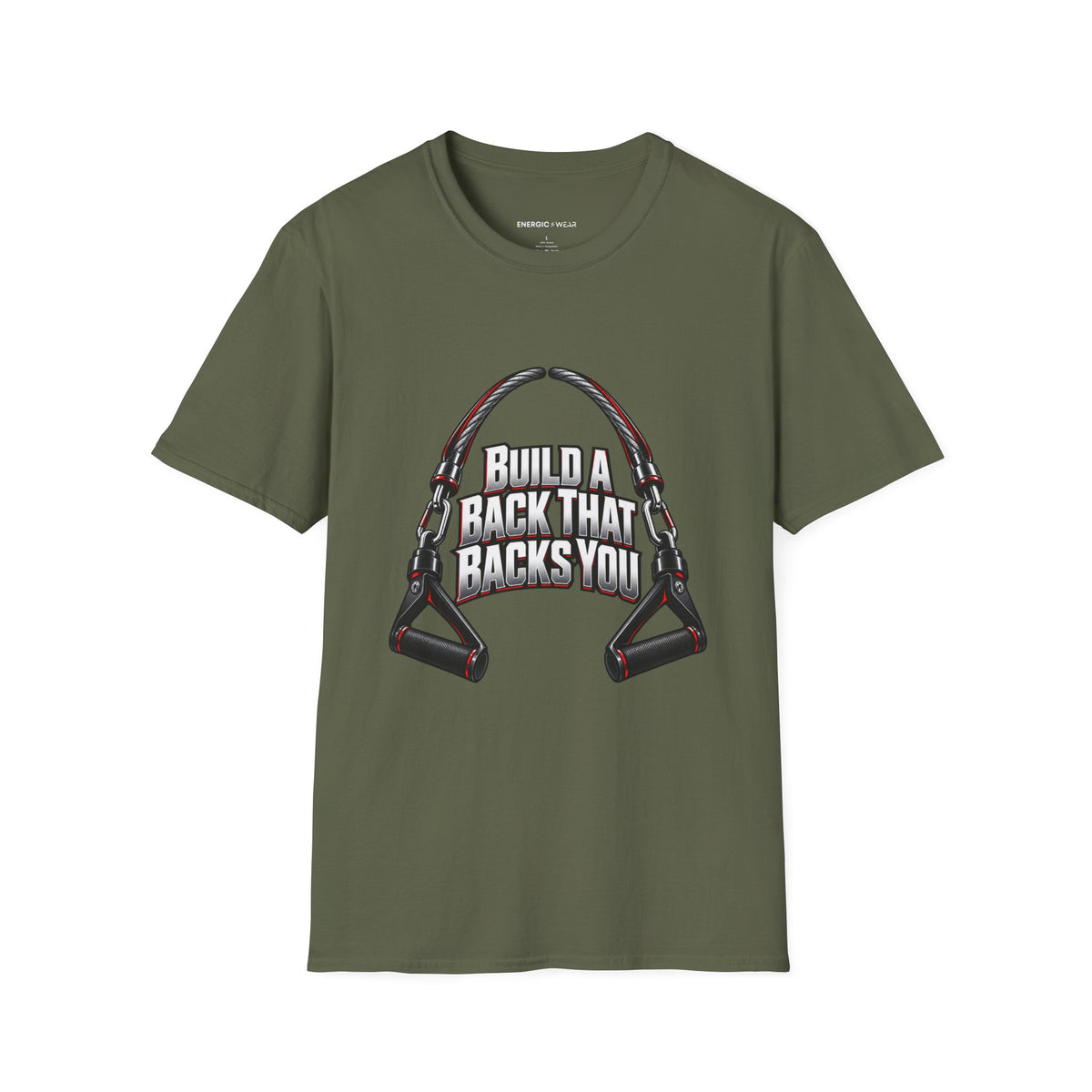 Graphic fitness T-shirt featuring the "Build a Back That Backs You" design.