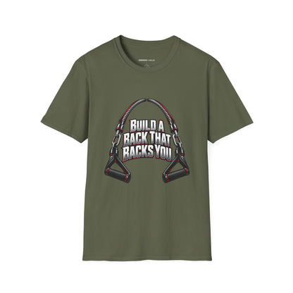 Graphic fitness T-shirt featuring the "Build a Back That Backs You" design.