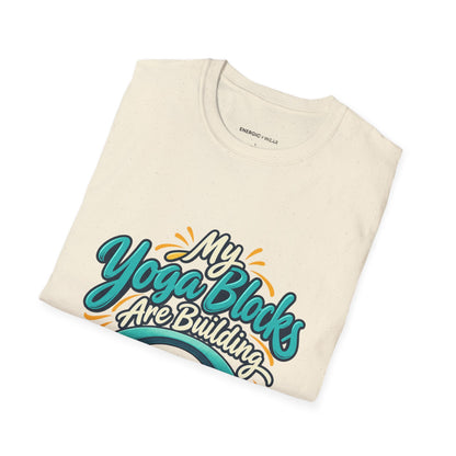 Graphic fitness T-shirt featuring the "My Yoga Blocks Are Building Trust" design.