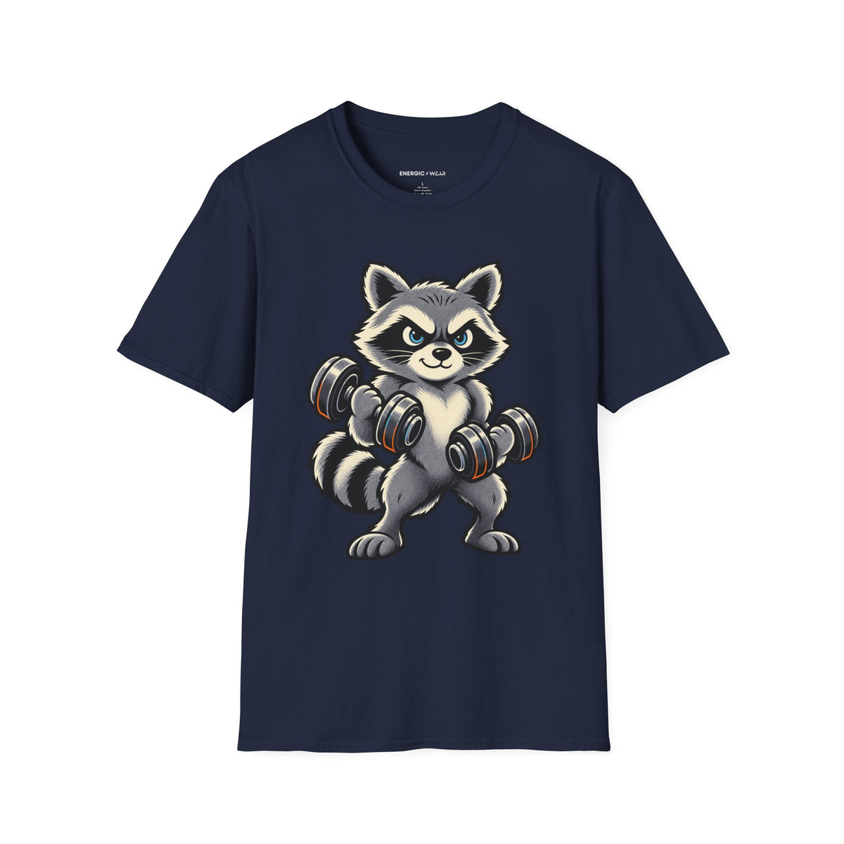Graphic fitness T-shirt featuring the "Muscular Raccoon" design.