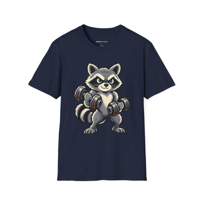 Graphic fitness T-shirt featuring the "Muscular Raccoon" design.