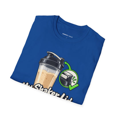 Graphic fitness T-shirt featuring the "My Shaker Lid Demands a Pre-Flight Check" design.