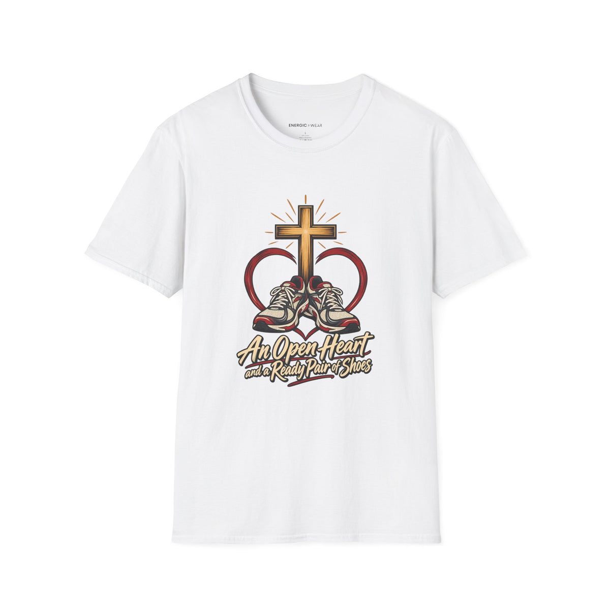 Graphic fitness T-shirt featuring the "An Open Heart and a Ready Pair of Shoes" design.