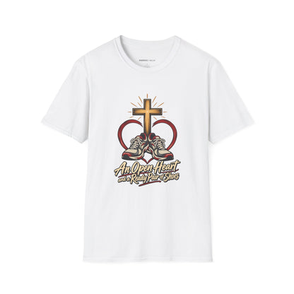 Graphic fitness T-shirt featuring the "An Open Heart and a Ready Pair of Shoes" design.