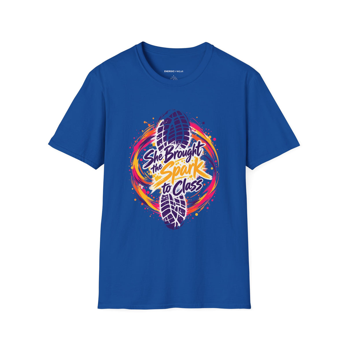 Graphic fitness T-shirt featuring the "She Brought the Spark to Class" design.