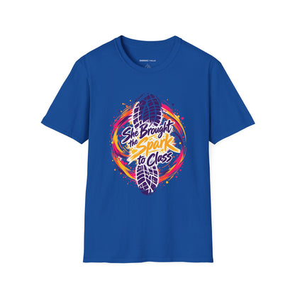 Graphic fitness T-shirt featuring the "She Brought the Spark to Class" design.