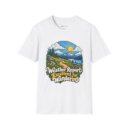 Graphic fitness T-shirt featuring the "Weather Report Excellent for Wandering" design.