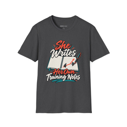 Graphic fitness T-shirt featuring the "She Writes Her Own Training Notes" design.