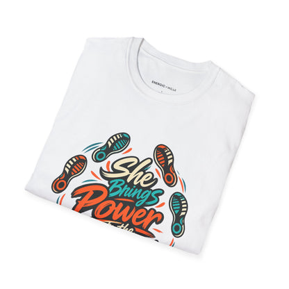 Graphic fitness T-shirt featuring the "She Brings Power to the Eight Count" design.