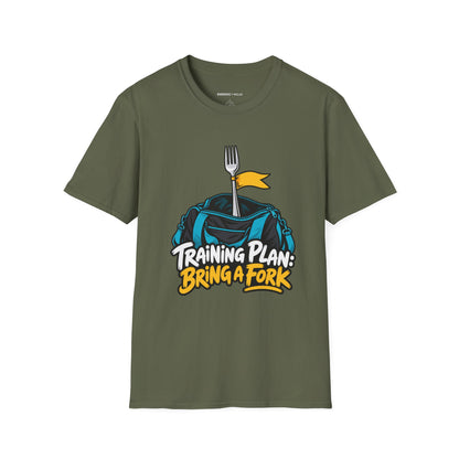 Graphic fitness T-shirt featuring the "Training Plan Bring a Fork" design.