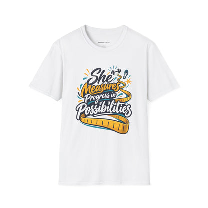 Graphic fitness T-shirt featuring the "She Measures Progress in Possibilities" design.