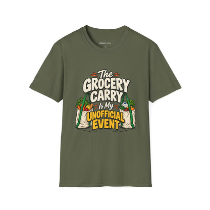 Graphic fitness T-shirt featuring the "The Grocery Carry Is My Unofficial Event" design.