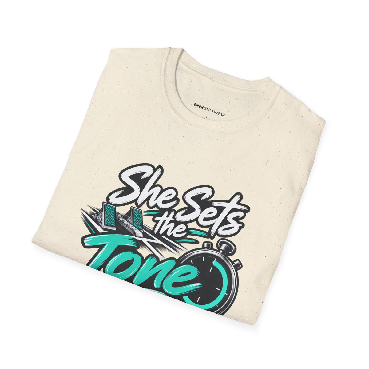 Graphic fitness T-shirt featuring the "She Sets the Tone Before the Timer" design.
