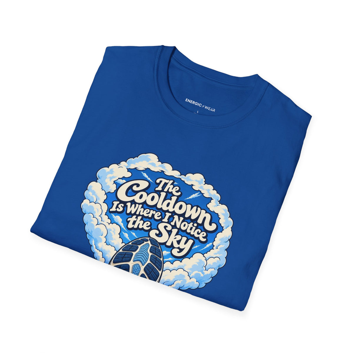 Graphic fitness T-shirt featuring the "The Cooldown Is Where I Notice the Sky" design.