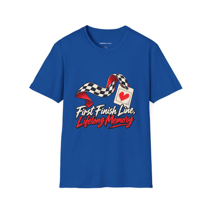 Graphic fitness T-shirt featuring the "First Finish Line Lifelong Memory" design.