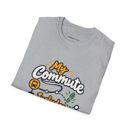 Graphic fitness T-shirt featuring the "My Commute Includes a Little Movement" design.