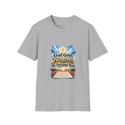 Graphic fitness T-shirt featuring the "God Goes Beyond My Personal Best" design.