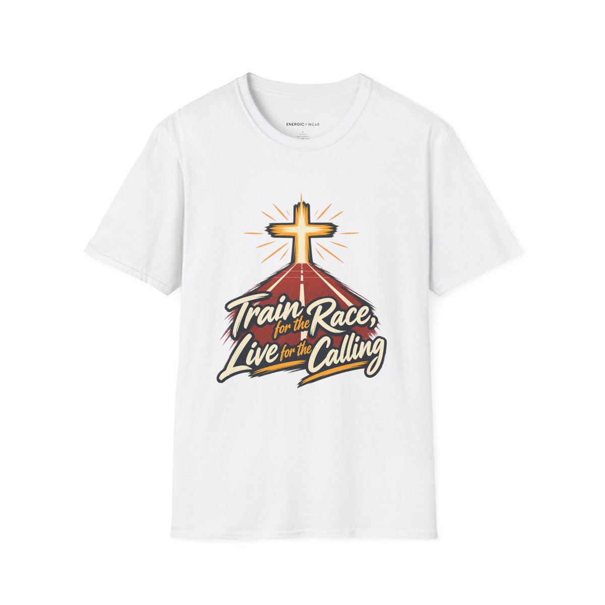 Graphic fitness T-shirt featuring the "Train for the Race Live for the Calling" design.