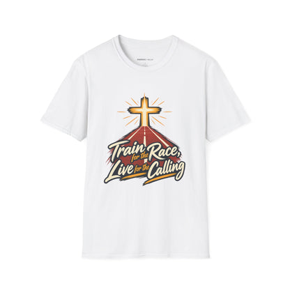 Graphic fitness T-shirt featuring the "Train for the Race Live for the Calling" design.