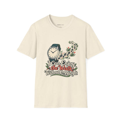 Graphic fitness T-shirt featuring the "I Can Enjoy the Walk Without Logging It" design.