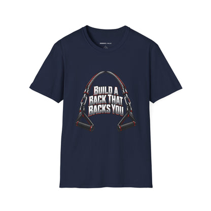 Graphic fitness T-shirt featuring the "Build a Back That Backs You" design.