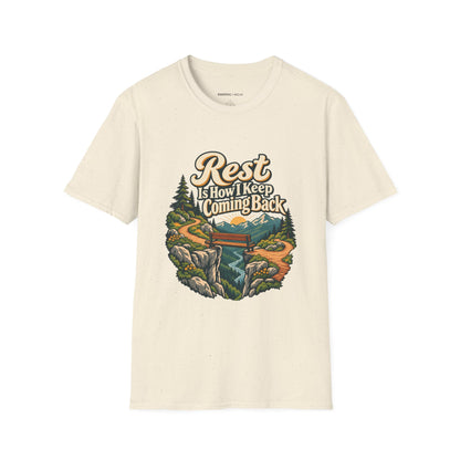 Graphic fitness T-shirt featuring the "Rest Is How I Keep Coming Back" design.