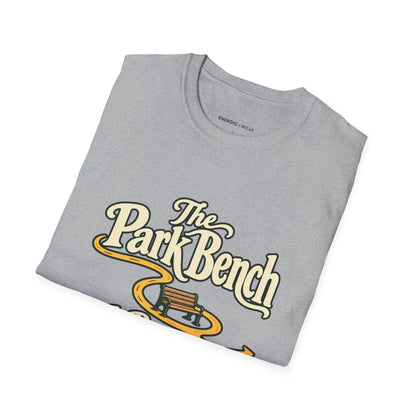 Graphic fitness T-shirt featuring the "The Park Bench Is Part of the Route" design.