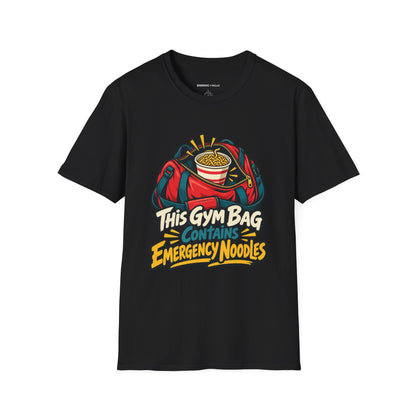Graphic fitness T-shirt featuring the "This Gym Bag Contains Emergency Noodles" design.