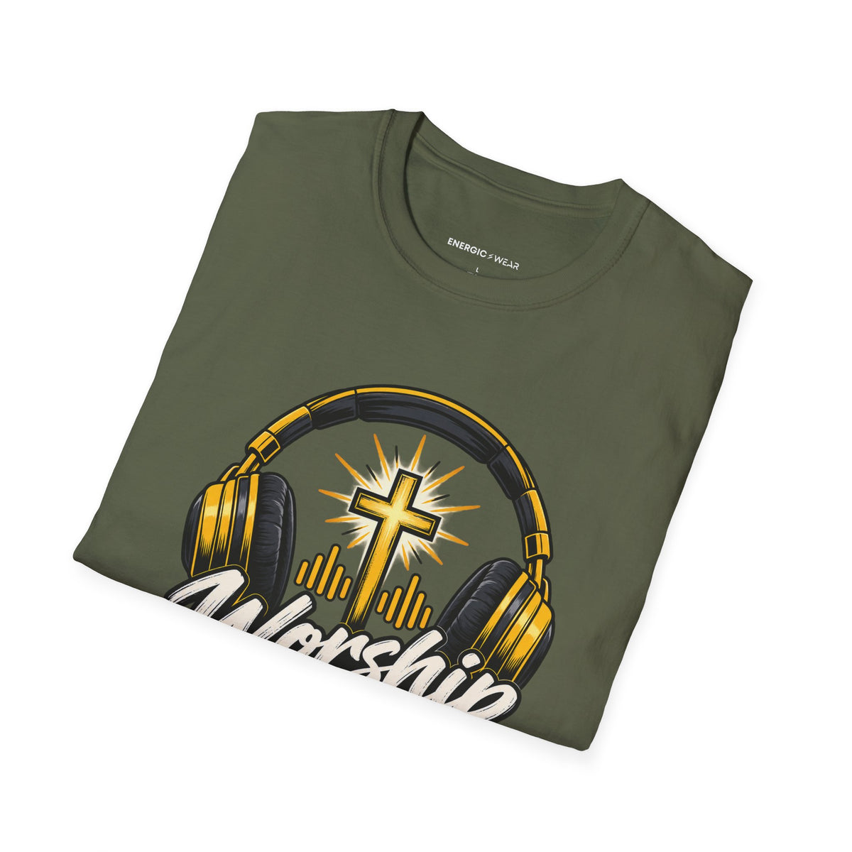 Graphic fitness T-shirt featuring the "Worship Has a Place on My Playlist" design.